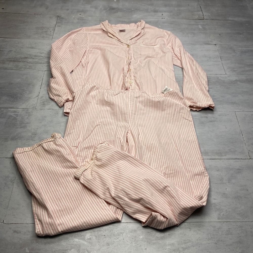 Brooks Brothers 346 Pajama Set Womens L Pink White Stripe Cotton 2pc Sleepwear